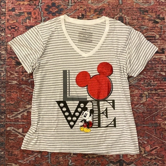 Disney Tops - Disney Store Love Mickey V-Neck T-Shirt with Glitter Size XL Short Sleeve Stripe